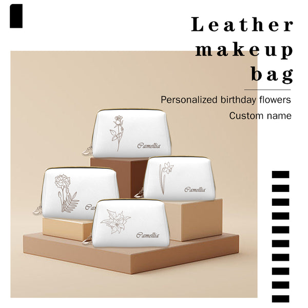 Personalized Sketch Birth Flower Name Leather Makeup Bag - Carry Your Essentials with Artistic Flair