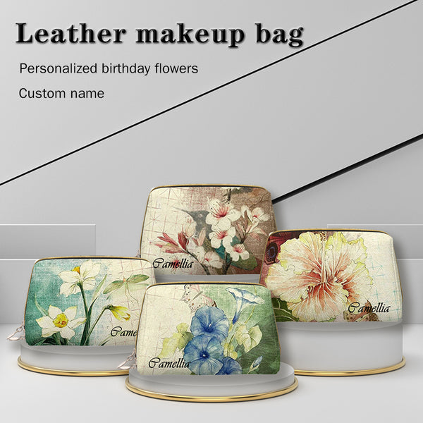 Custom Vintage Birth Flower & Name Leather Makeup Bag - A Touch of Nostalgic Charm