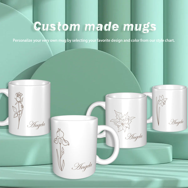 Custom Line Art Birth Flower Name Mug - Unique Birthday Gift