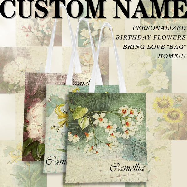 Personalized Vintage Floral Birthday Name Canvas Tote - Warm Elegance for Every Day