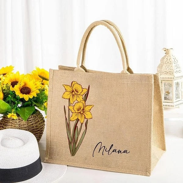 Custom Birth Flower Jute Tote Bag - Perfect Gift for Mom, Bridesmaids & Besties!