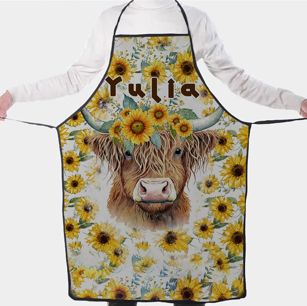 🌻 "Sunflower Highland Cow" Custom Apron – Where Sunshine Meets Whimsy! 🐄✨