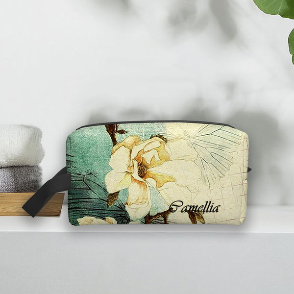 Personalized Vintage Warmth Birth Flower & Name Travel Toiletry Organizer Bag