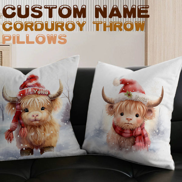 ❄️ "Snowy Highland Cow" Personalized Corduroy Pillow – Cozy Comfort, Highland Charm! 🐄❄️