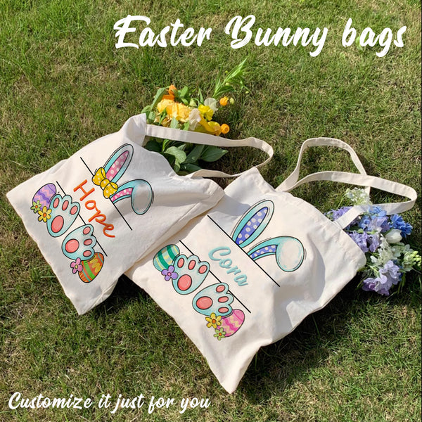 Personalized Easter Bunny Tote Bag - Customizable Name & Vibrant Egg Design - Durable, Washable Polyester