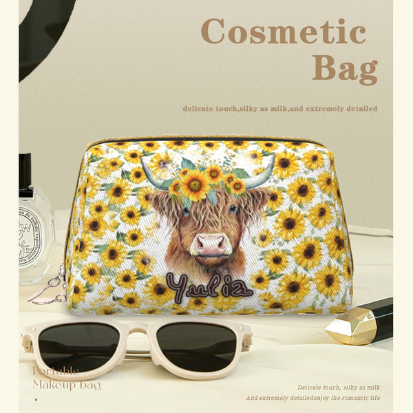 Sunflower Serenade Highland Cow Personalized Leather Makeup Bag