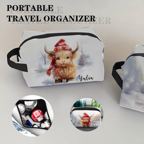Snowy Highland Cow Christmas-Themed Large Capacity Travel Toiletry Organizer